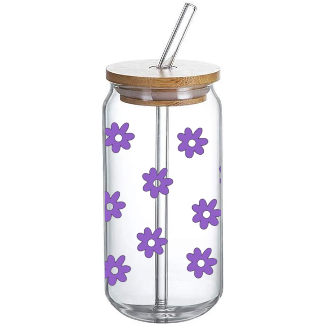 Purple Flower Pattern - Glass Tumbler with Bamboo Lid and Straw