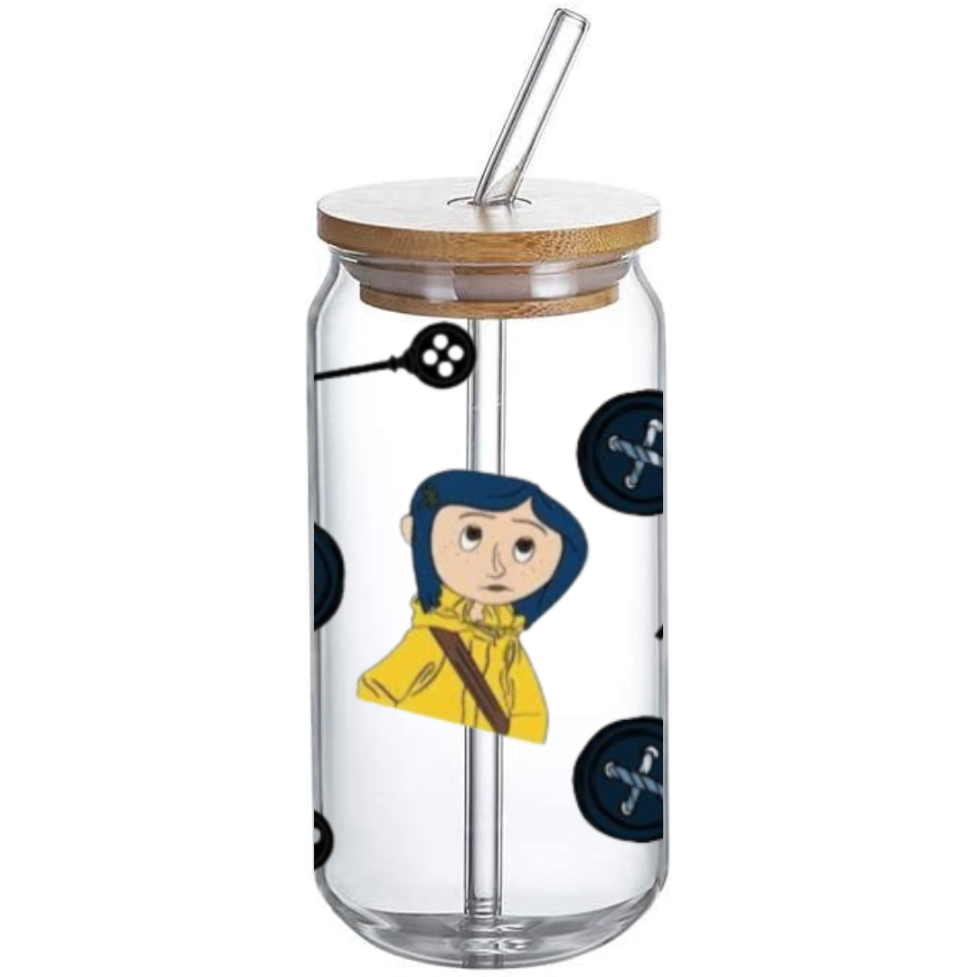 Coraline Pattern 1 - Glass Tumbler with Bamboo Lid and Straw