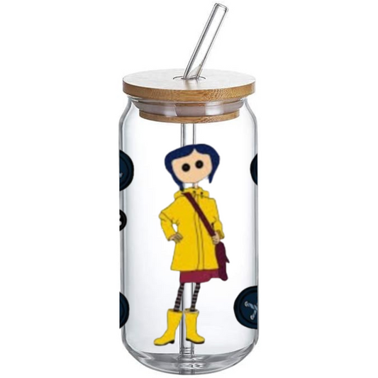 Coraline Pattern 2 - Glass Tumbler with Bamboo Lid and Straw