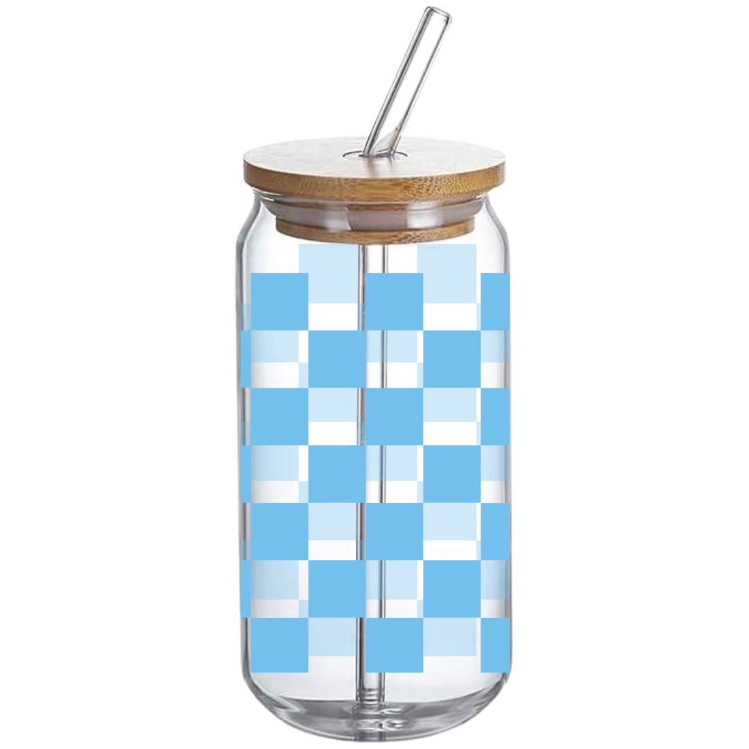 Blue Checkered Pattern - Glass Tumbler with Bamboo Lid and Straw