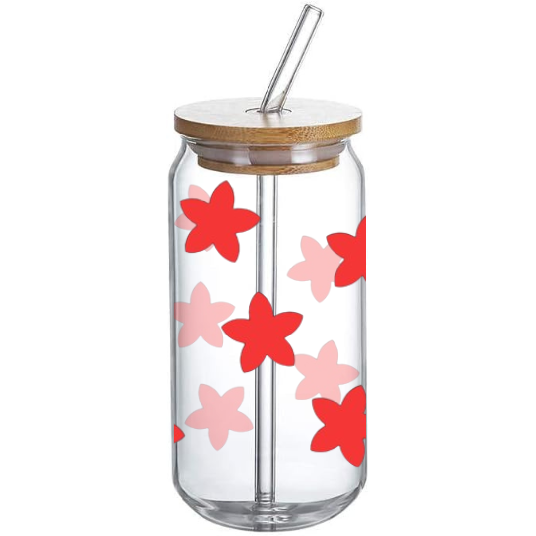 Red Flower Pattern - Glass Tumbler with Bamboo Lid and Straw