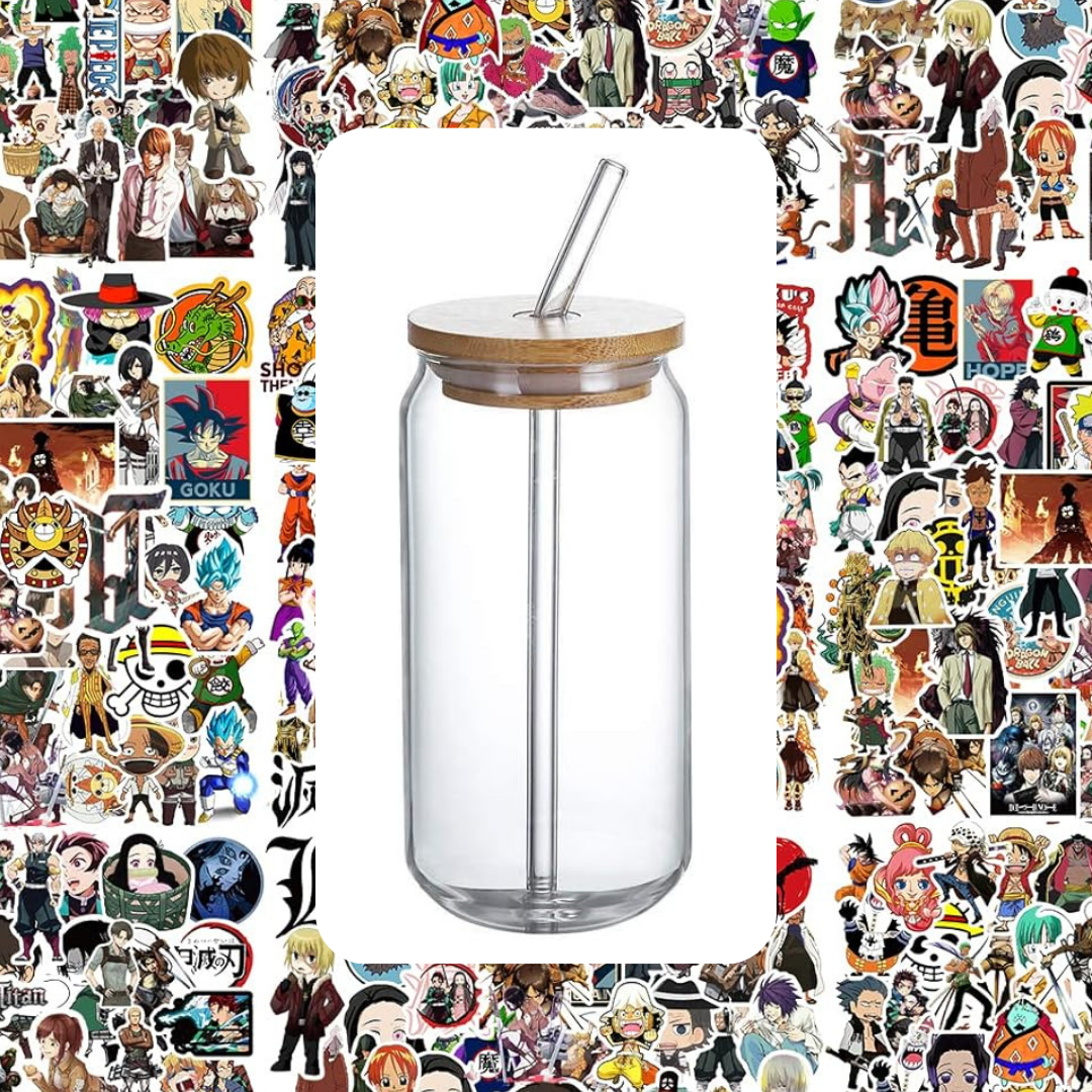 Plain Tumbler with 50 Random Stickers - Glass Tumbler with Bamboo Lid and Straw