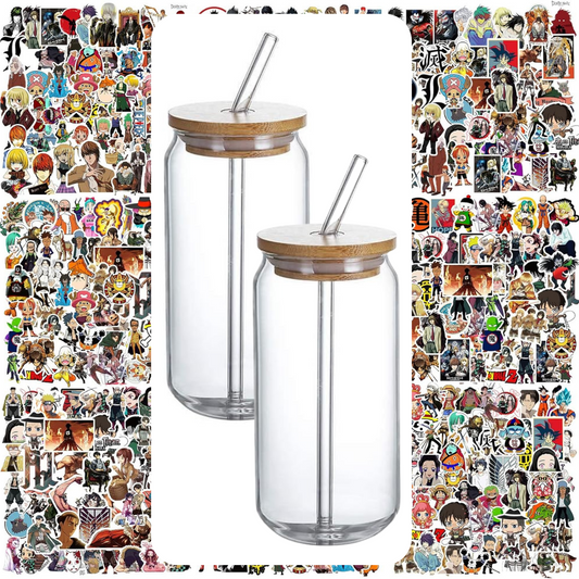 Two Plain Tumblers with 100 Random Stickers - Glass Tumbler with Bamboo Lid and Straw