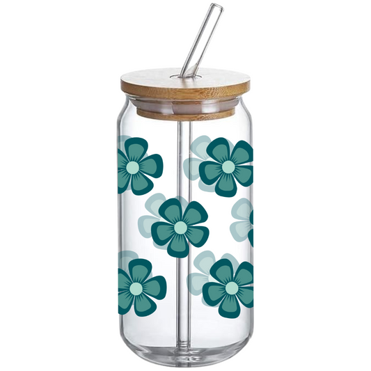 Flower Pattern 'B' - Glass Tumbler with Bamboo Lid and Straw