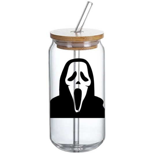 Scream Mask Decal - Glass Tumbler with Bamboo Lid and Straw