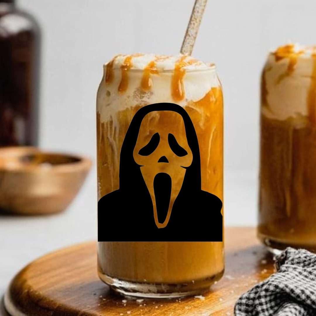 Scream Mask Decal - Glass Tumbler with Bamboo Lid and Straw