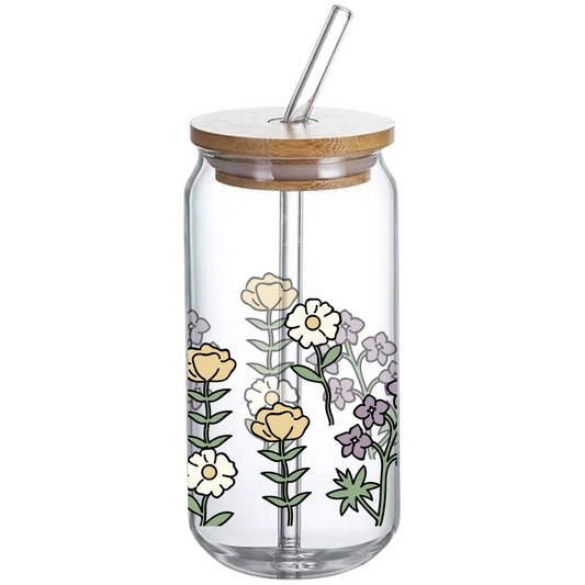 Flower Pattern 'A' - Glass Tumbler with Bamboo Lid and Straw