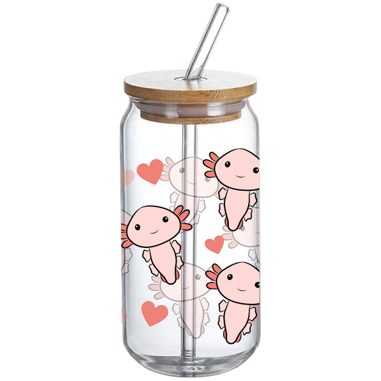 Axolotls Pattern - Glass Tumbler with Bamboo Lid and Straw