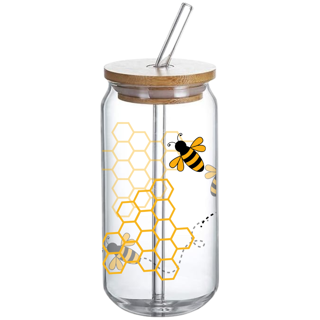 Bee & Honeycomb Pattern - Glass Tumbler with Bamboo Lid and Straw