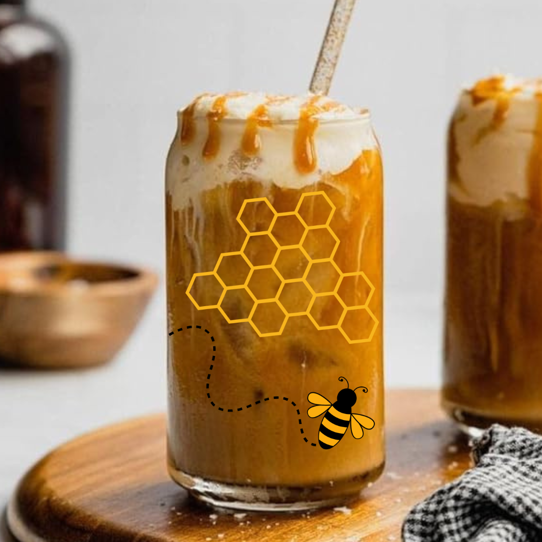 Bee & Honeycomb Pattern - Glass Tumbler with Bamboo Lid and Straw