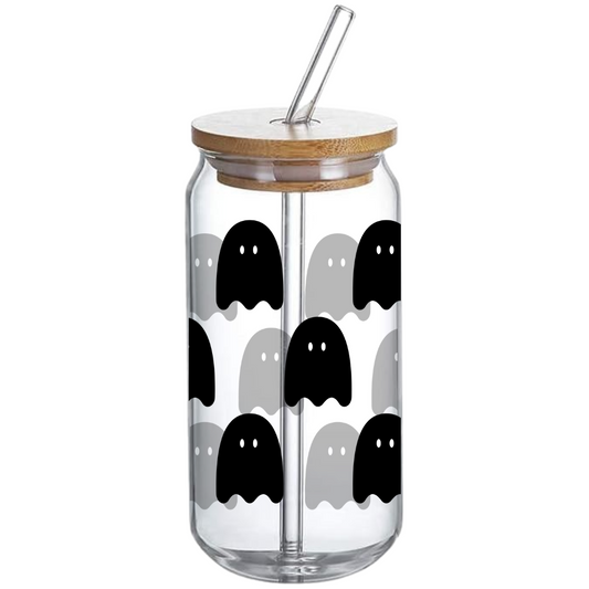 Black Ghost Pattern - Glass Tumbler with Bamboo Lid and Straw