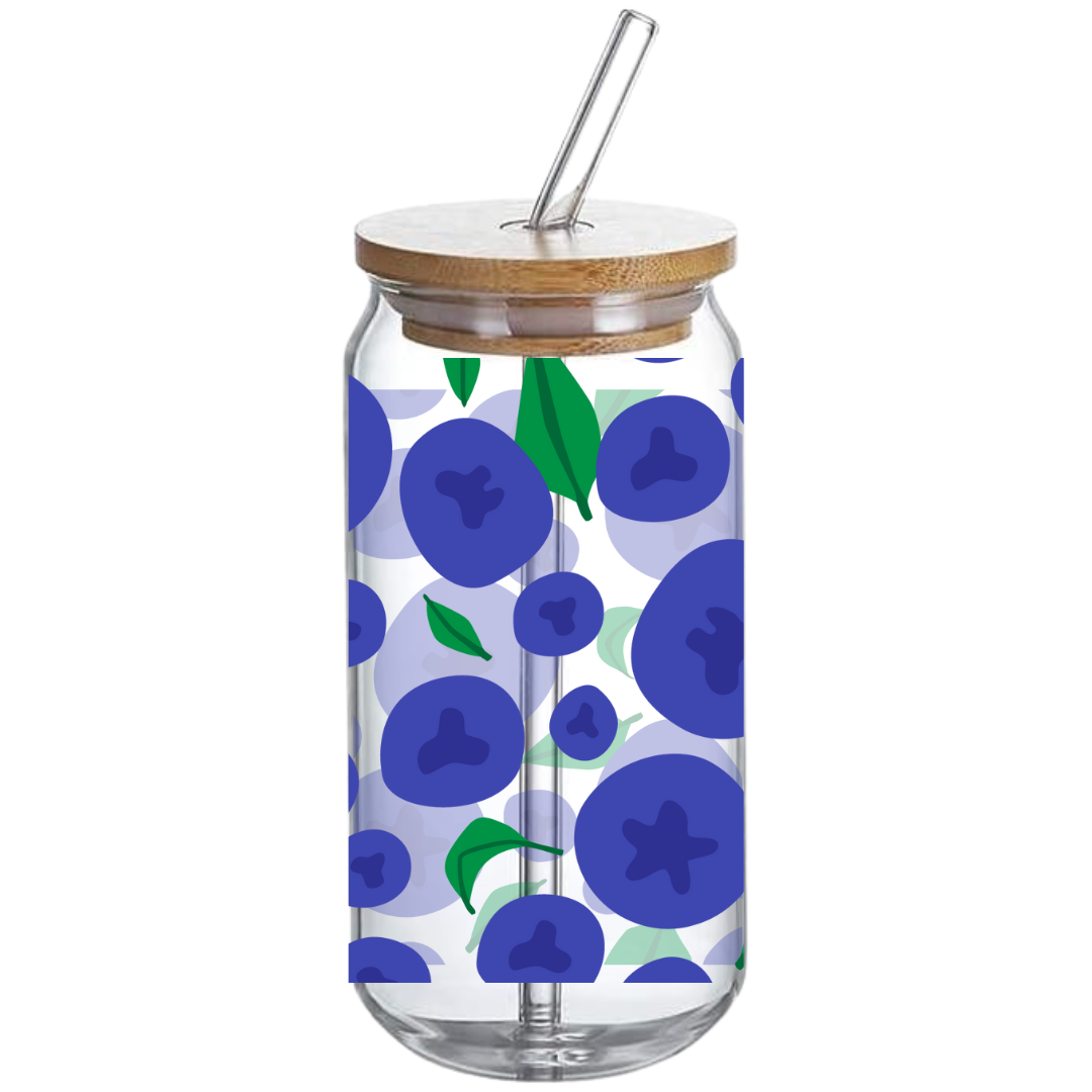 Blueberries Pattern - Glass Tumbler with Bamboo Lid and Straw