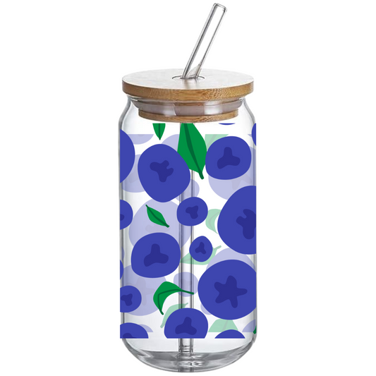 Blueberries Pattern - Glass Tumbler with Bamboo Lid and Straw