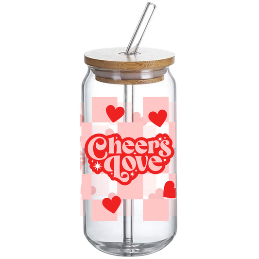 Cheers Love Checkered Pattern - Glass Tumbler with Bamboo Lid and Straw