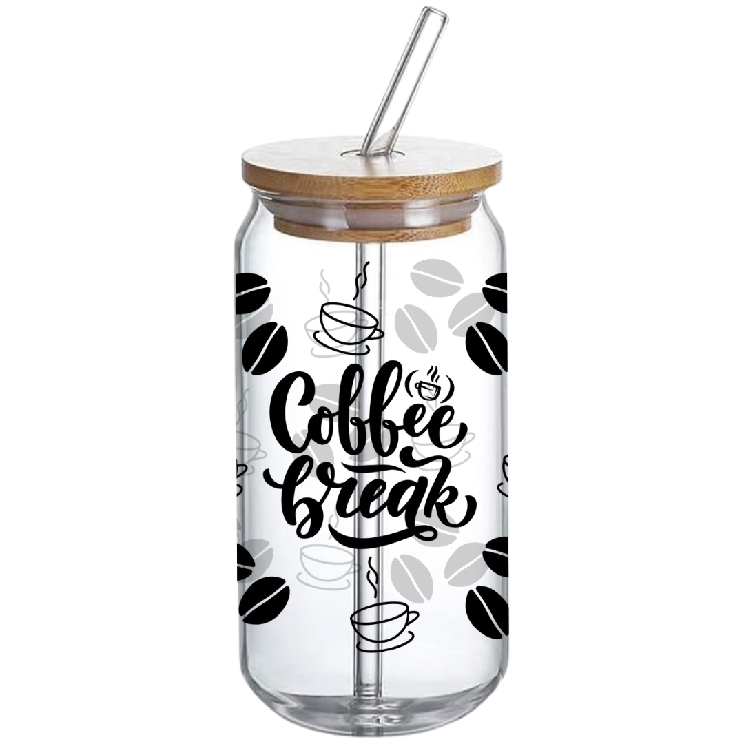 Coffee Break Pattern - Glass Tumbler with Bamboo Lid and Straw