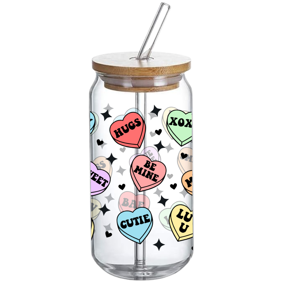 Candy Hearts Pattern - Glass Tumbler with Bamboo Lid and Straw