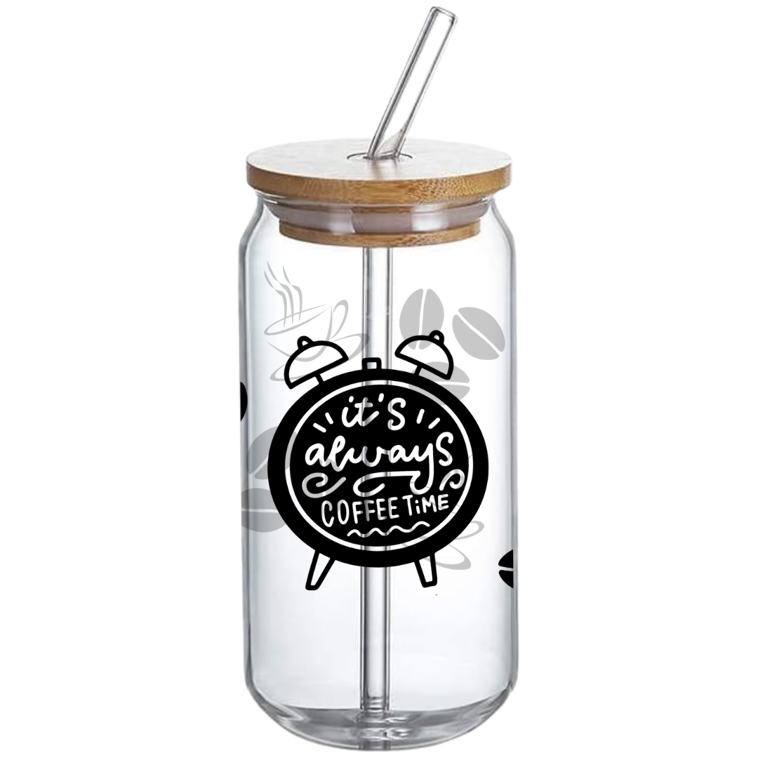 It's Always Coffee Time - Glass Tumbler with Bamboo Lid and Straw