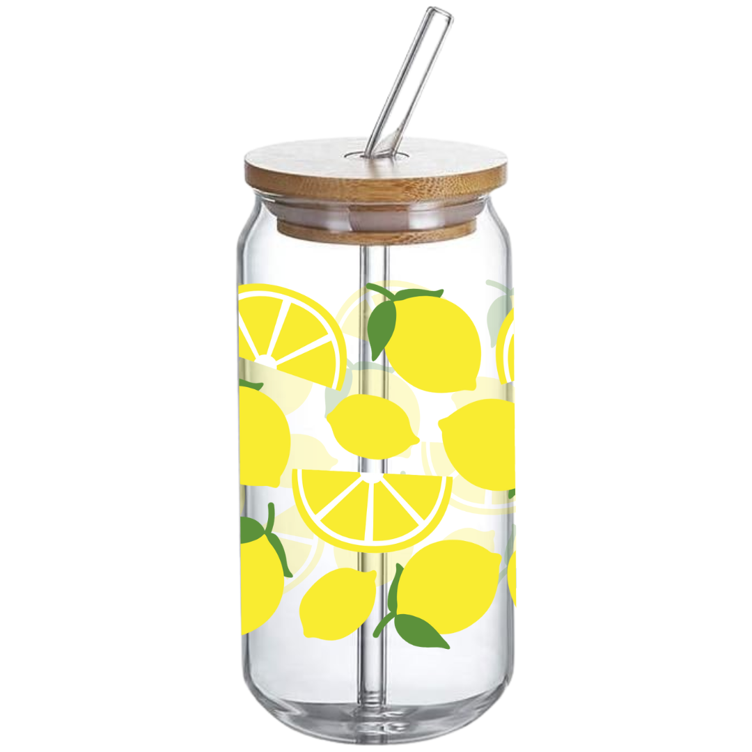 Lemonzzz Pattern - Glass Tumbler with Bamboo Lid and Straw