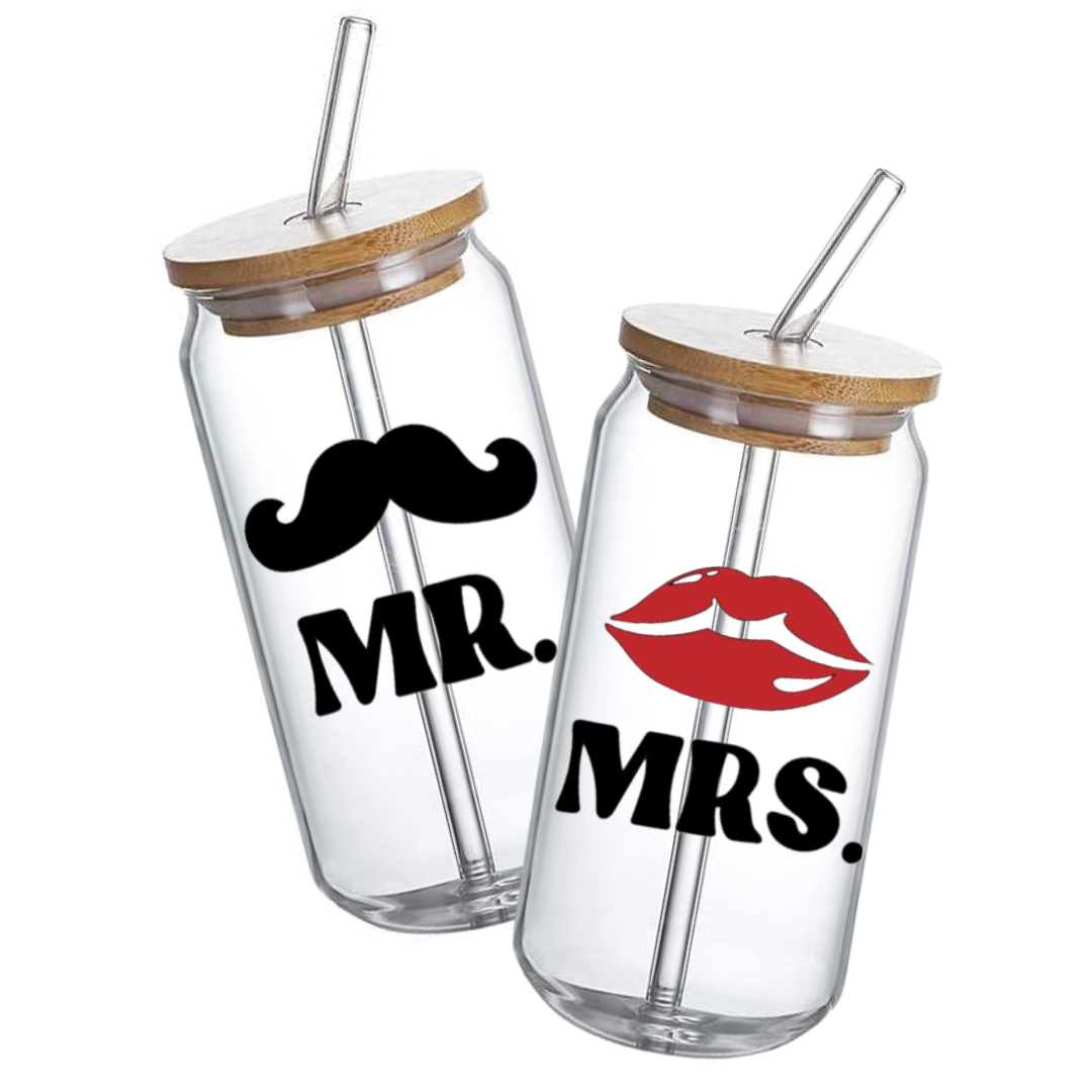 Mr & Mrs Set of 2 - Glass Tumbler with Bamboo Lid and Straw