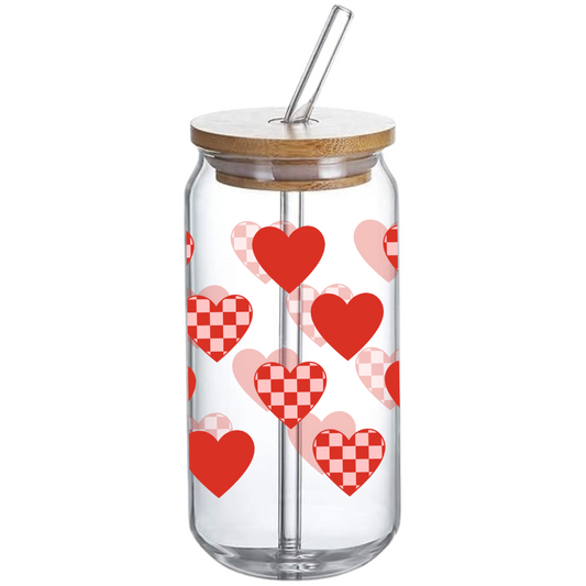 Checkered Hearts Pattern - Glass Tumbler with Bamboo Lid and Straw