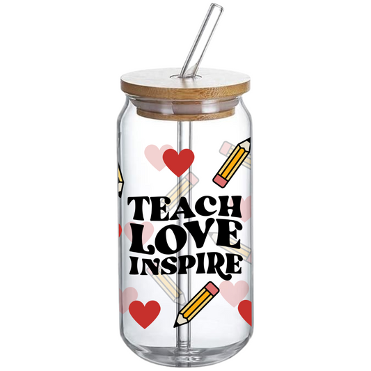 Teach, Love, Inspire - Glass Tumbler with Bamboo Lid and Straw