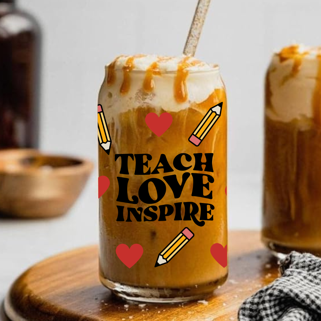 Teach, Love, Inspire - Glass Tumbler with Bamboo Lid and Straw